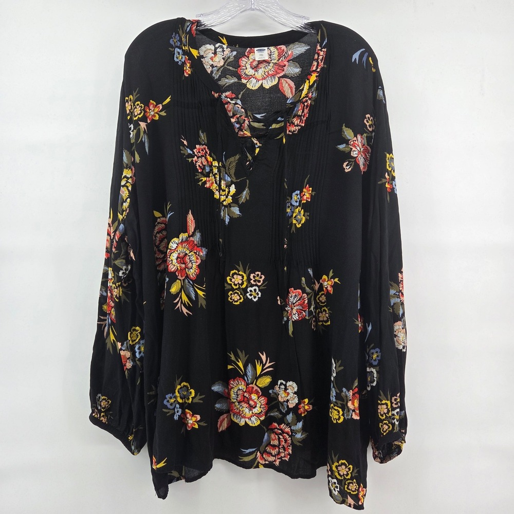 Old Navy Blouse XXL Black Floral Pintuck Lace Up Boho Eclectic Cottagecore‎